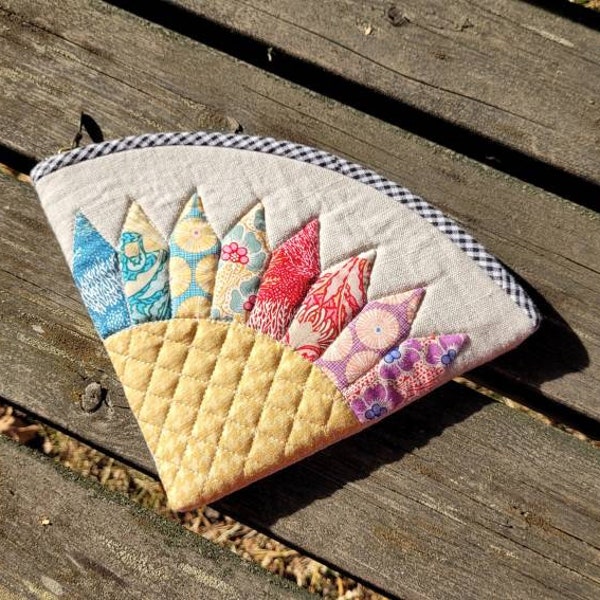 Pochette zippée patchwork tournesol en lin et tissu Tilda, sac de projet cosmétique de maquillage, cadeau de couture