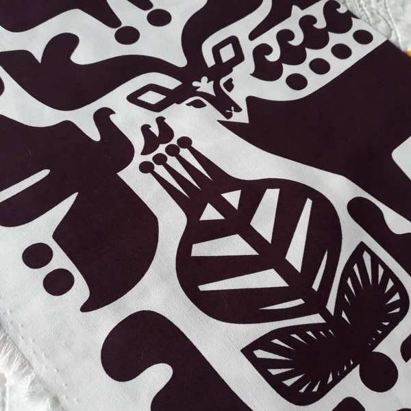 Modern Marimekko fabric Kanteleen Kutsu in plum, Scandinavian folklore graphic animal designer fabric pieces