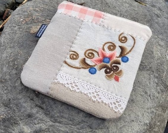Patchwork zipper pouch with hand embroidery, repurposed recycled vintage linen, small project bag
