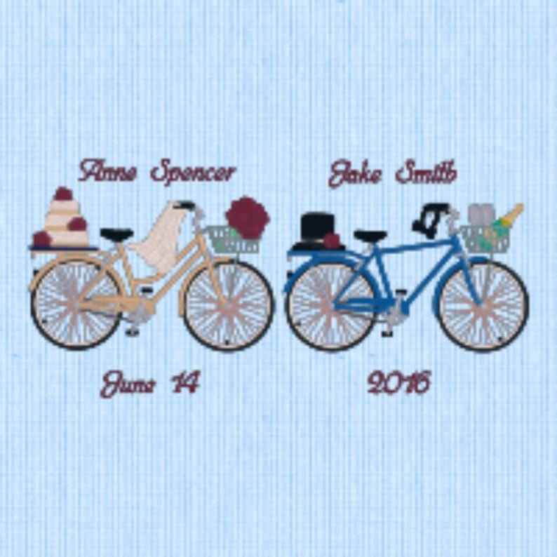 18 x 18 Wedding Anniversary Pillow White Fabric Embroidered With Bicycles