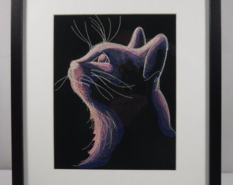 17 x 13 Frame With 9.5 x  7.5 Mat Framed Embroidered Art Dark Cat Head Ready To Hang