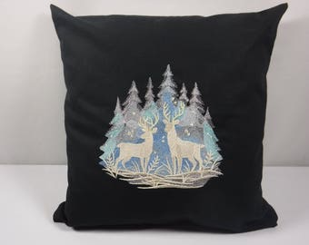 18 x 18 Snowfall Stillness Deer Embroidered On Black Throw Pillow Cover Only