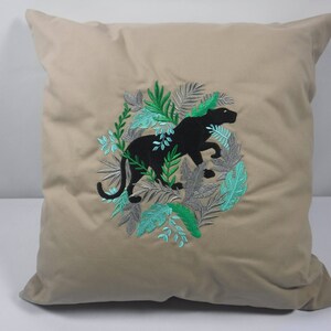 18 X 18 Tan Cotton Thro Pillow Cover With Embroidered Black Panther In Jungle Foliage PILLOW COVER ONLY