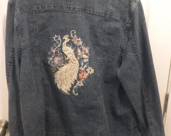 Upcycled Alfred Dunner Blue Denim Jacket Embroidered With Peacock On The Back / Floral Embroidery & Faux Jewels On The Front