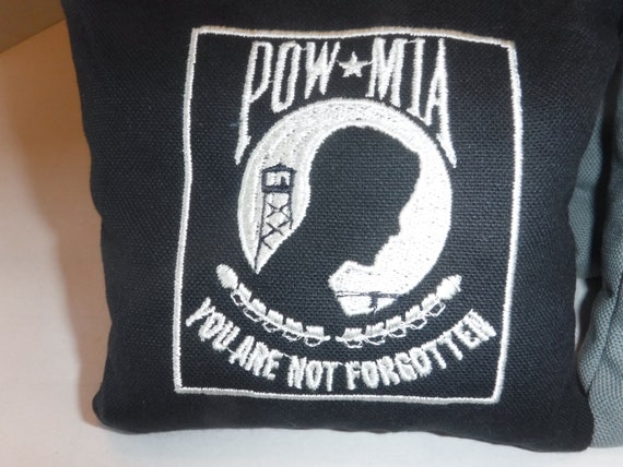 Set Of 8 Cornhole Bags Embroidered With MIA POW Design 4 Black Bags 4 Gray Bags
