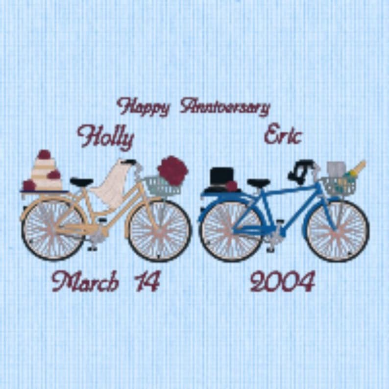 18 x 18 Wedding Anniversary Pillow White Fabric Embroidered With Bicycles
