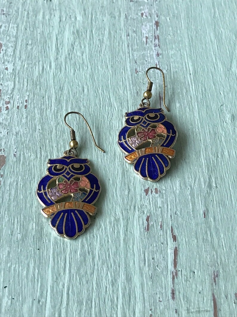 Dangle Owl Jewelry Blue Owl Earrings Owl Earrings Vintage Owl Jewelry Owls Pierced Earrings Gold Owl Earrings Vintage Owl Earrings