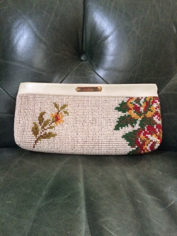 Vintage Needlepoint Clutch, Floral Clutch, Floral