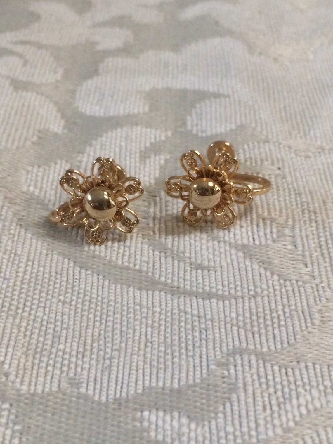 Vintage Flower Earrings Screw Back Earrings Gold Flower Etsy