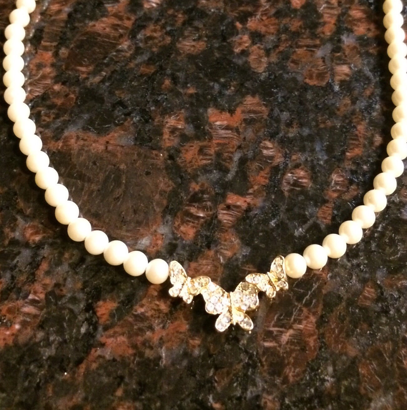 Vintage Butterfly Necklace Pearl 