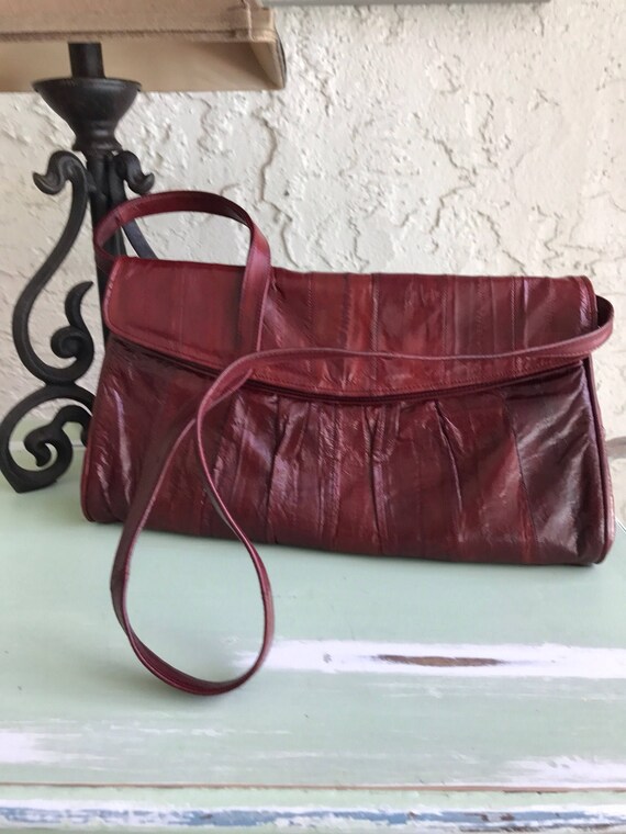 Vintage Eel Skin Purse, Burgundy Clutch, Eel Skin