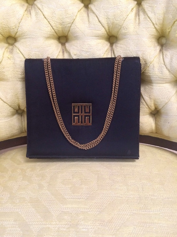 Vintage Evening Bag, Black Evening Bag, Gold Chain