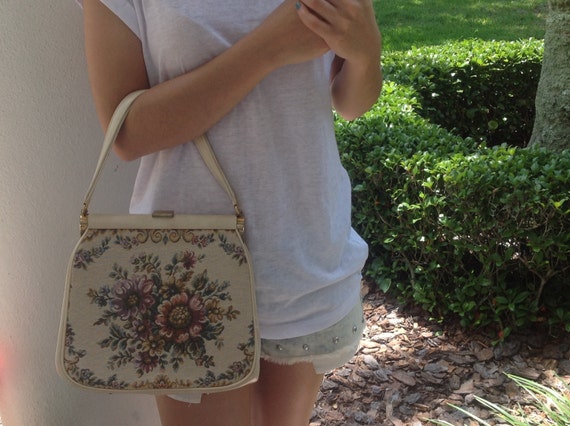 Vintage Tapestry Handbag, Kiss Lock Handbag, Top H