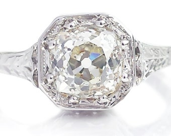 Original 1920s Art Deco 1.41ct L/SI2 Old Cushion Cut Engagement Ring