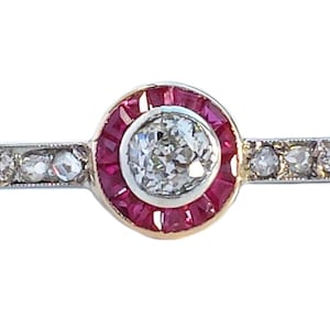 Original Art Deco Target Ruby Old Mine Cut Diamond 18k Gold Bar Pin Brooch