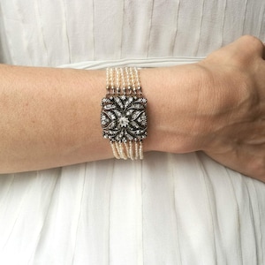 Belle Epoque Natural Seed Pearl 2.50ct Old Cut Diamond Blackened Silver Bracelet
