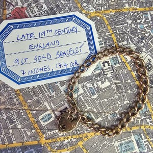 Victorian Solid 9k Rose Gold Curb Chain Heart Padlock Bracelet 17.4g