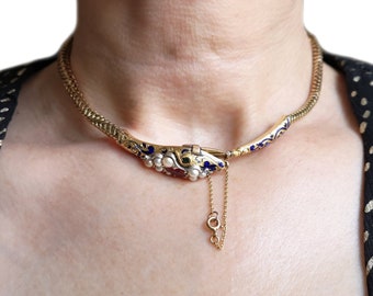 Antique Victorian Snake Necklace Blue Enamel & Gold