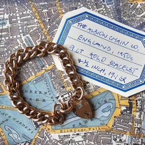 Pulseira vintage inglesa com cadeado em forma de coração em ouro rosa 9k, 7,7 polegadas.