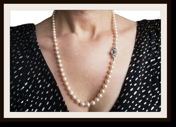 Vintage Graduated Cultured Akoya Pearl Necklace With Sapphire