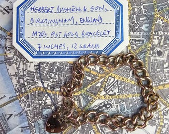 Antique 1920s 9ct Rose Gold Curb Link Heart Padlock Bracelet 7 in