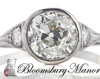 Art Deco 1920s Old Mine Cut Diamond Bezel Set 1.80ct I/J VS2 14k Gold Engagement Ring