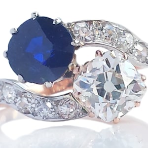 Viktorianischer Edwardian 2.49tcw Toi et Moi Crossover Alter Kissenschliff Diamant und Saphir 18k Ring