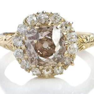 Antique Victorian 2.47ct Fancy Light Orangey Brown Old Mine Cut Diamond Cluster Ring