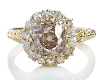 Antique Victorian 2.47ct Fancy Light Orangey Brown Old Mine Cut Diamond Cluster Ring