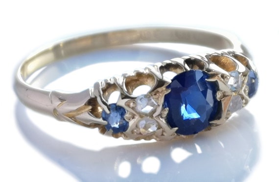 Victorian 18k Gold Oval 0.5ct Sapphire & Diamond … - image 3