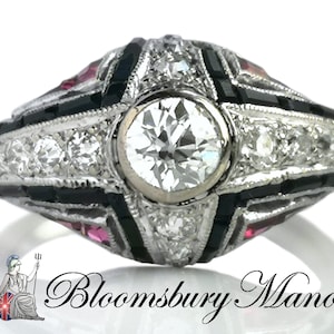 Art Deco .60tcw Old Cut Diamond Onyx Ruby Bombe Ring SZ M