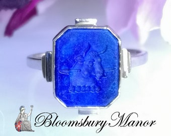 Original Art Deco Lapis Lazuli Intaglio Bull Platinum Ring