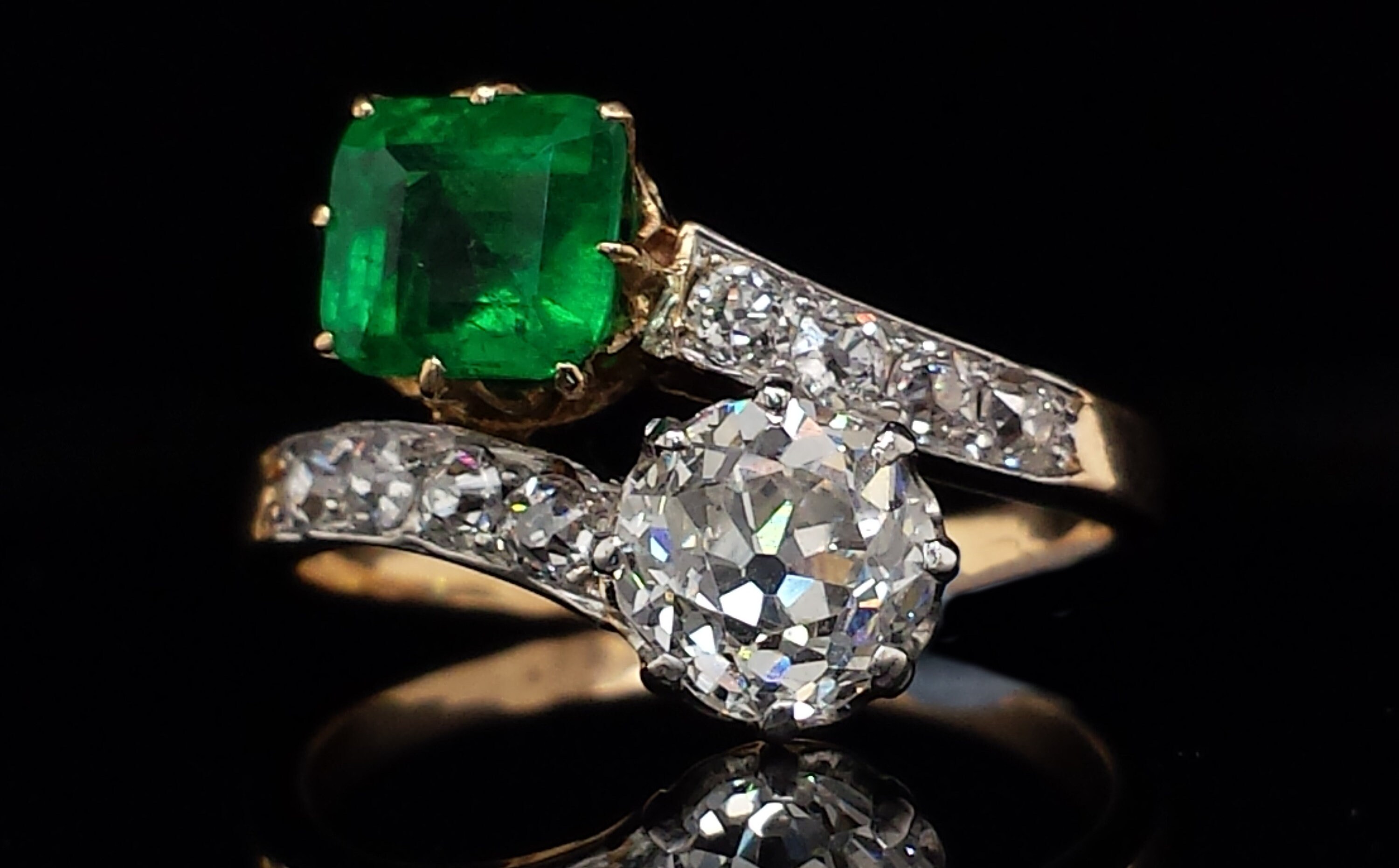 Antique Colombian Emerald Old Mine Brilliant Diamond Engagement Ring