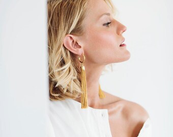 Gold Tassel Earrings, Long Tassel Earrings, Tassel Earrings, Long Earrings, Long Fringe Earrings, Statement Earrings, Lightweight Earrings