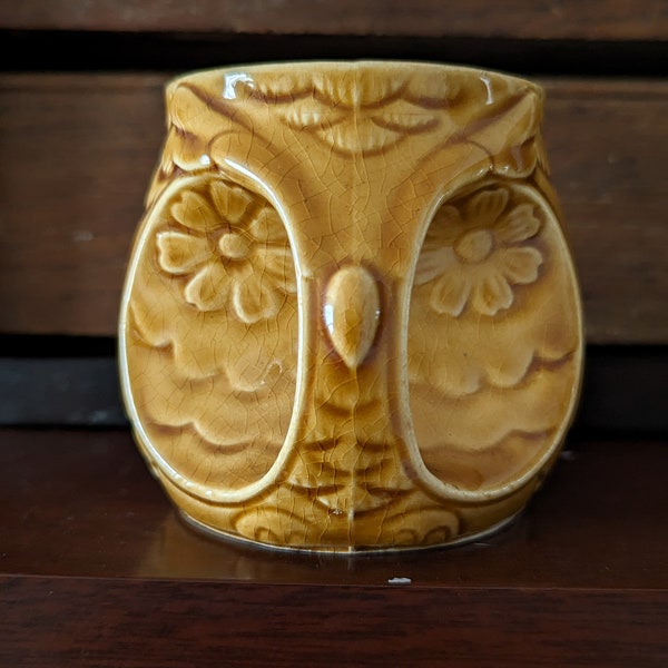 Small owl creamer pitcher vintage made in japan pottery ceramic yellow brown big eyes