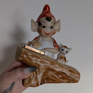 Vintage Japan Pixie träarbetare alvkattfigur mitten av århundradet porslin keramik jul
