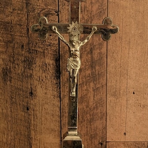 Standing 1930s metal crucifix antique vintage religious novelty oddity germany