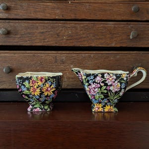 Vintage Royal Winton Grimwades Creamer & Sugar Bowl Set Black Floral