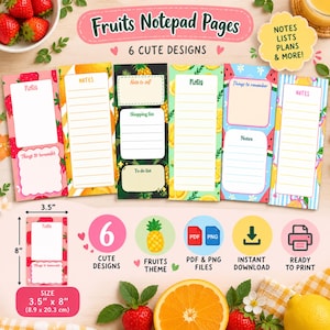 Può includere: Sei pagine di blocco note digitali con temi a frutta tra cui fragola, arancia, ananas, limone, anguria e agrumi. Ogni pagina presenta sezioni per note, elenchi e piani. Le pagine misurano 8,9 cm per 20,3 cm.