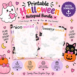 May include: A printable Halloween notepad bundle featuring two designs with pink backgrounds, ghosts, pumpkins, bats, and cats. The text includes "Printable Halloween Notepad Bundle", "BOO NOTES", "GHOSTLY GOALS", "PLAN YOUR SPOOKY DAYS!", and "CUTE SPOOKY VIBES".