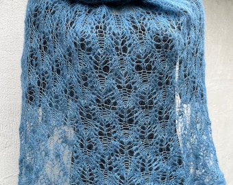 Lightweight kidsilk shawl Mohair shawl evening wrap leaf motif  hand  knit  lace scarf Blue lace scarf mohair Stola Silkmohair scarf