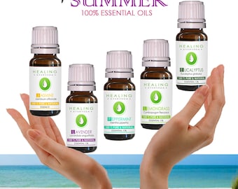May include: Six small glass bottles of essential oils with white lids and green labels. The labels feature the words "Healing Ayurveda" and the name of the essential oil, such as "Jasmine", "Lavender", "Peppermint", "Lemongrass", and "Eucalyptus". The bottles are held in the hands of a person against a backdrop of a beach scene with colourful beach chairs.