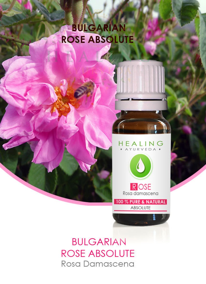 May include: A brown glass bottle with a white cap containing Bulgarian Rose Absolute oil. The bottle label is white with green accents and reads "HEALING AYURVEDA ROSE Rosa damascena 100% PURE & NATURAL ABSOLUTE". A pink rose with a bee is in the background.