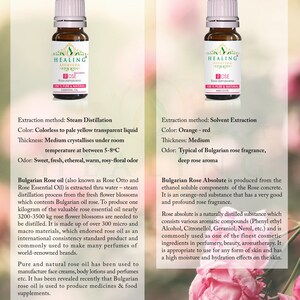 May include: Two small bottles of rose essential oil and rose absolute. The bottles are labeled "Healing Ayurveda Rose" and contain 100% pure and natural essential oil. The bottles are sitting on a background of pink roses.