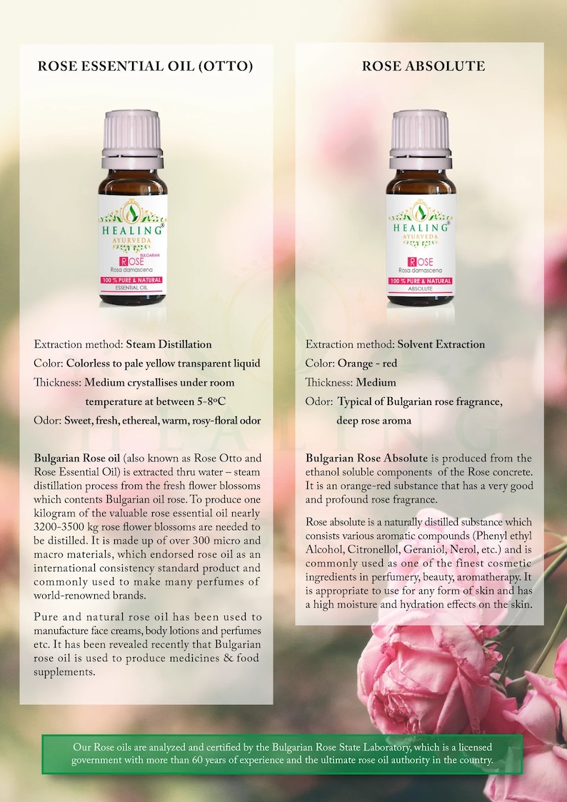 May include: Two small bottles of rose essential oil and rose absolute. The bottles are labeled "Healing Ayurveda Rose" and contain 100% pure and natural essential oil. The bottles are sitting on a background of pink roses.
