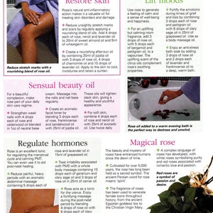 May include: A magazine page with a pink and white floral design. The page is titled "Uses of Rose Oil" and lists various ways to use rose oil for skin care, beauty, and emotional well-being. The page also includes a photo of a hand adding rose oil to a bath of water.