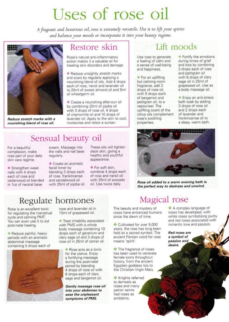 May include: A magazine page with a pink and white floral design. The page is titled "Uses of Rose Oil" and lists various ways to use rose oil for skin care, beauty, and emotional well-being. The page also includes a photo of a hand adding rose oil to a bath of water.