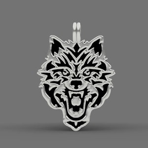 Può includere: Ciondolo in argento con un design a testa di lupo nero. La bocca del lupo è aperta e i suoi denti sono visibili.