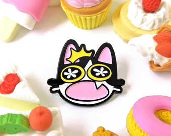 Cute Sweet Tuxedo Cat Kitty Kitten Surprised Black Metal Soft Enamel Pin w/ FREE STICKER