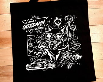 Vacation Shiba Inu Handmade Screen Printed Tote Bag - Heavy Black Canvas w/ FREE STICKER